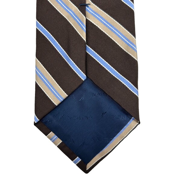 Nautica 100% Silk Brown Tan Blue Striped Classic Necktie 57.25” x 3.5” - Picture 5 of 9